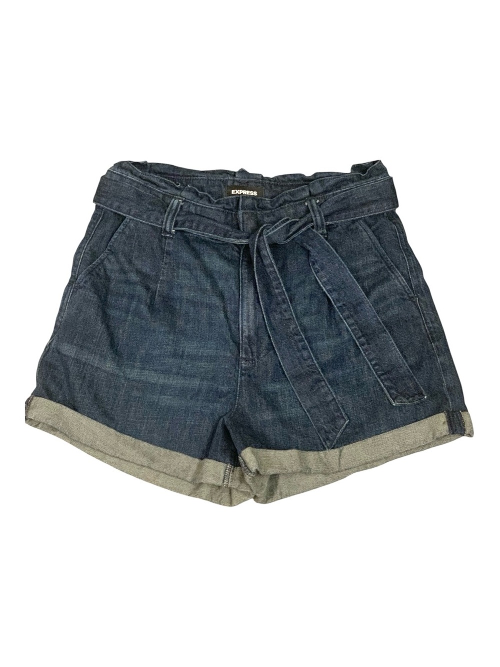 Express Women's Dark Blue Wash Denim Paperbag Waist Shorts With Belt Size 12‎
